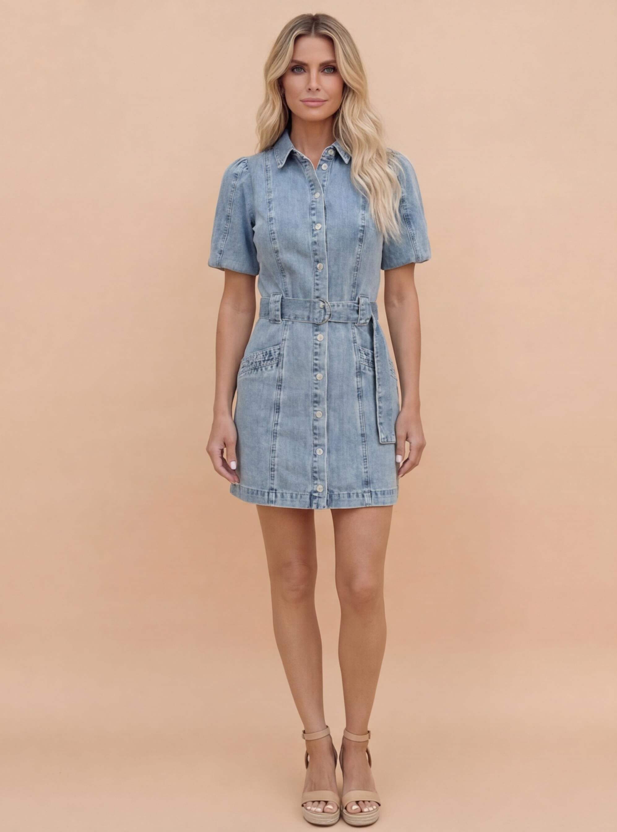 Women's Belted Denim Mini Dress – Label-Lahra Women's Belted Denim Mini Dress – Label-Lahra