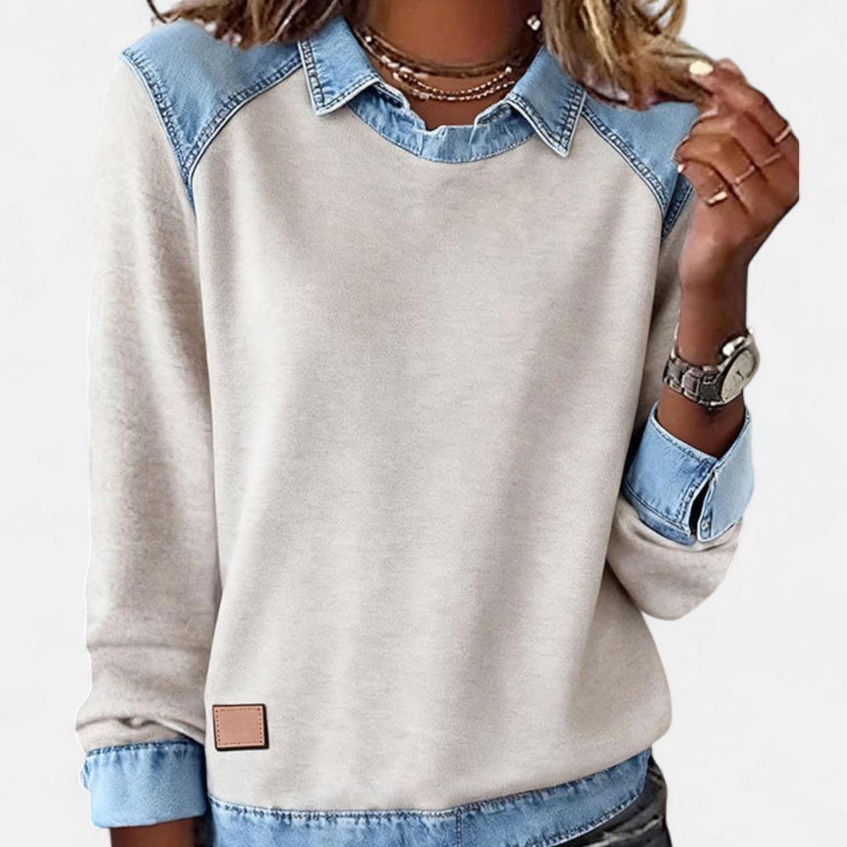 Women’s Denim Collar Detail Long-Sleeve Knit Top
