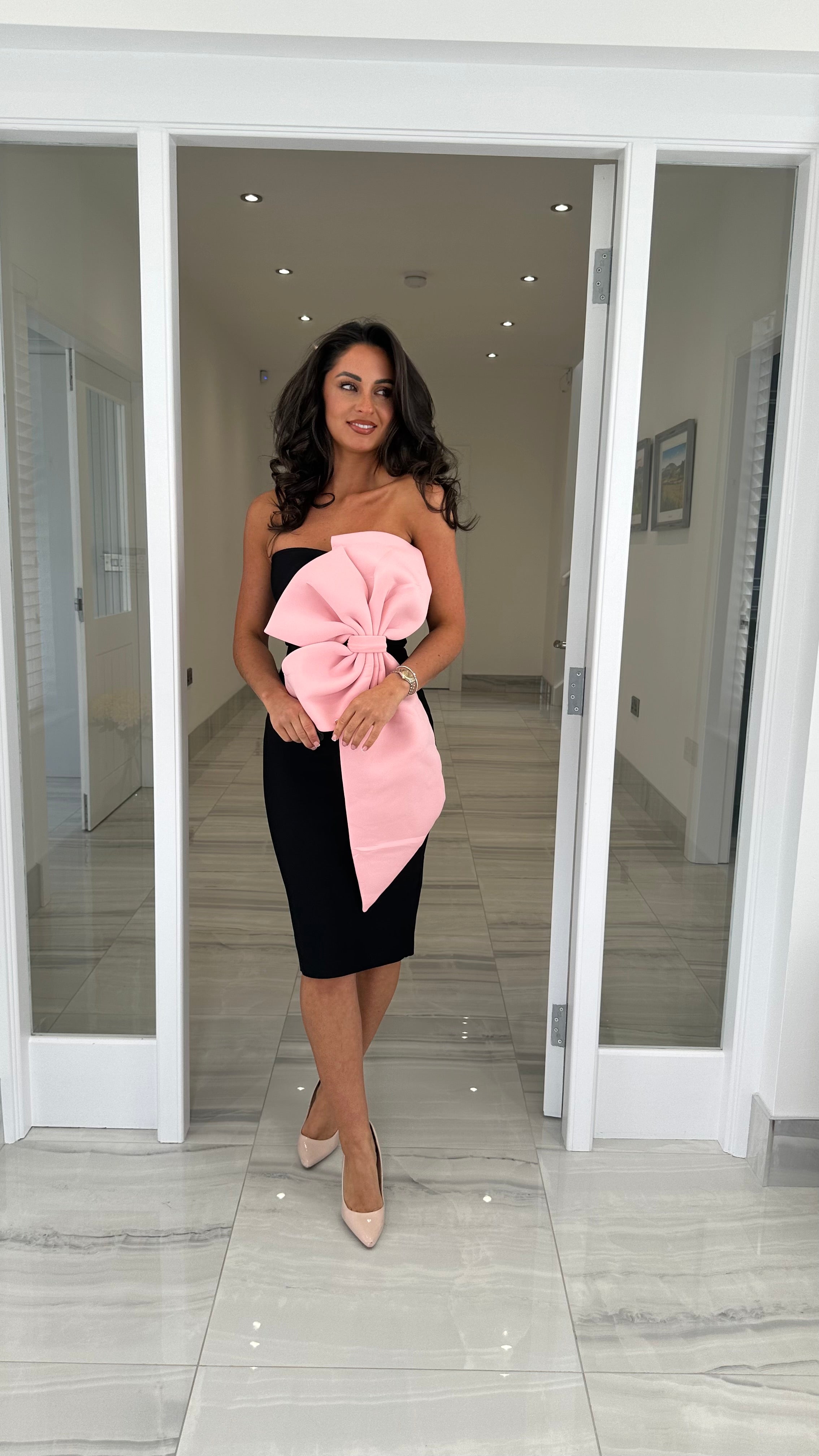 Amara Strapless Bandage Dress – Black/Pink Bow