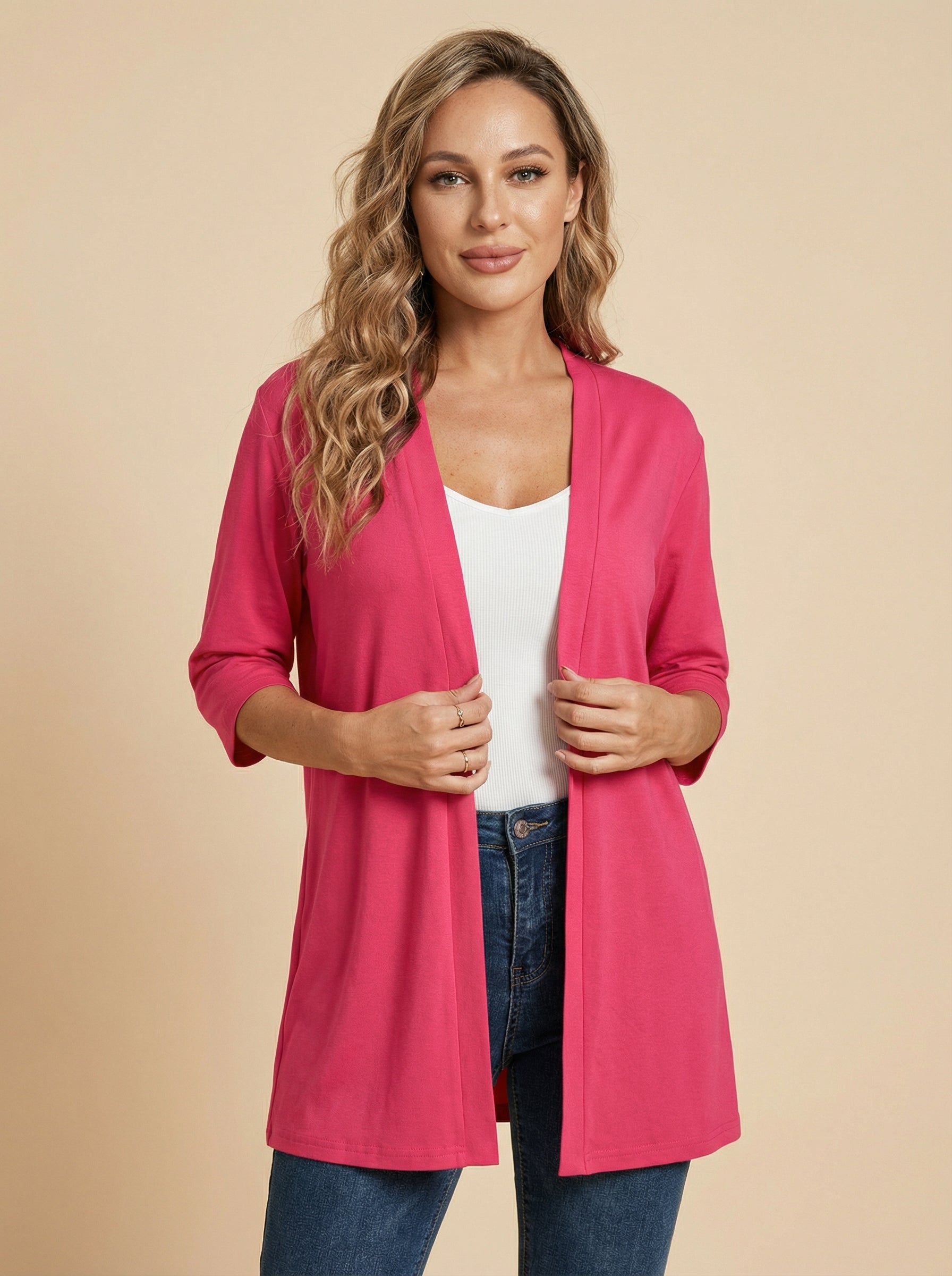 Women’s Stretch Knit Cardigan – Three-Quarter Sleeves & Elegant Everyday Comfort