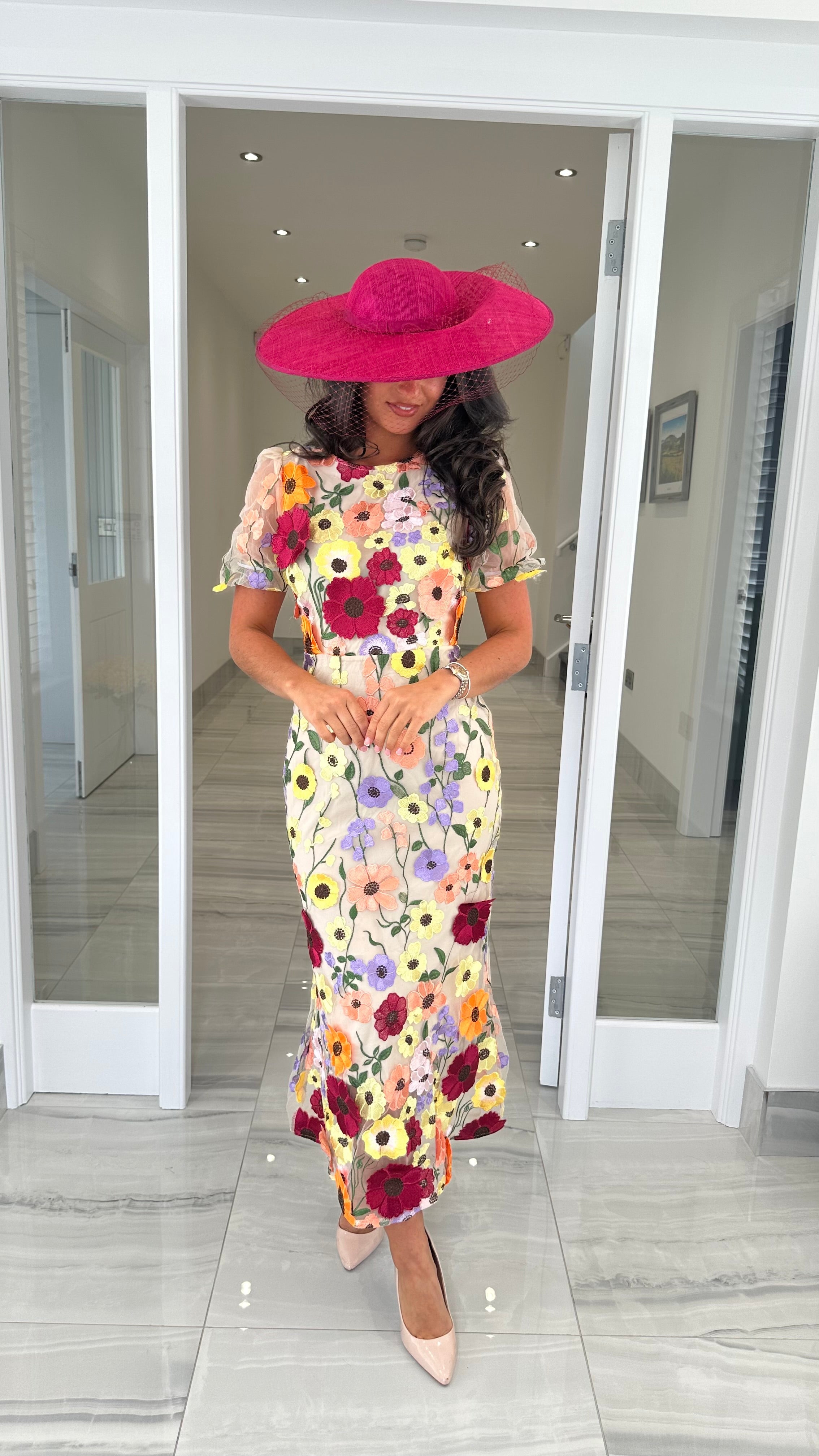 Maribel 3D Floral Midi Dress – Beige