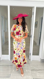 Maribel 3D Floral Midi Dress – Beige