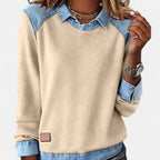 Women’s Denim Collar Detail Long-Sleeve Knit Top
