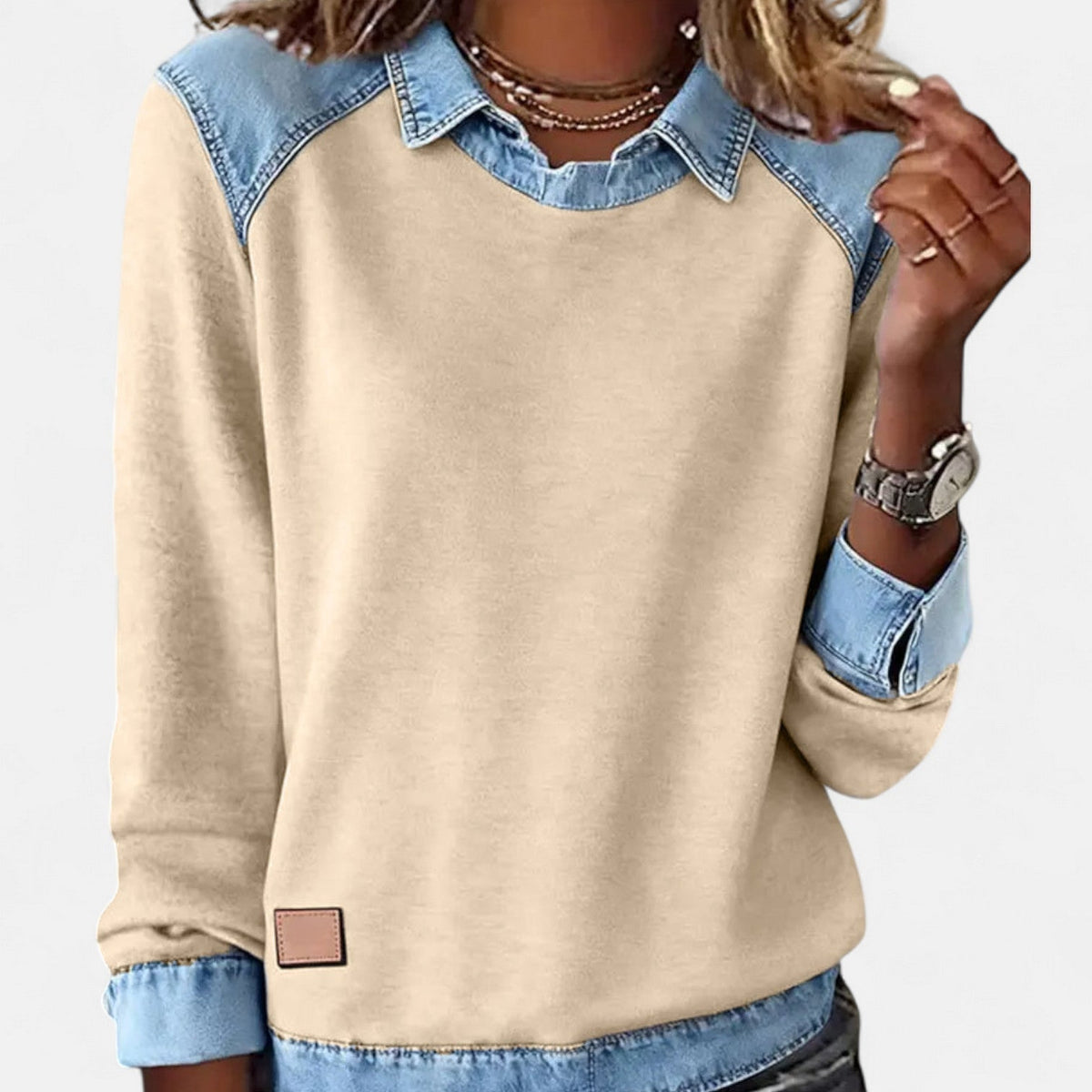 Women’s Denim Collar Detail Long-Sleeve Knit Top
