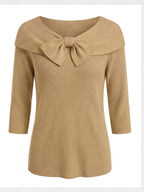 Women’s Ribbed Bow Detail Long-Sleeve Top