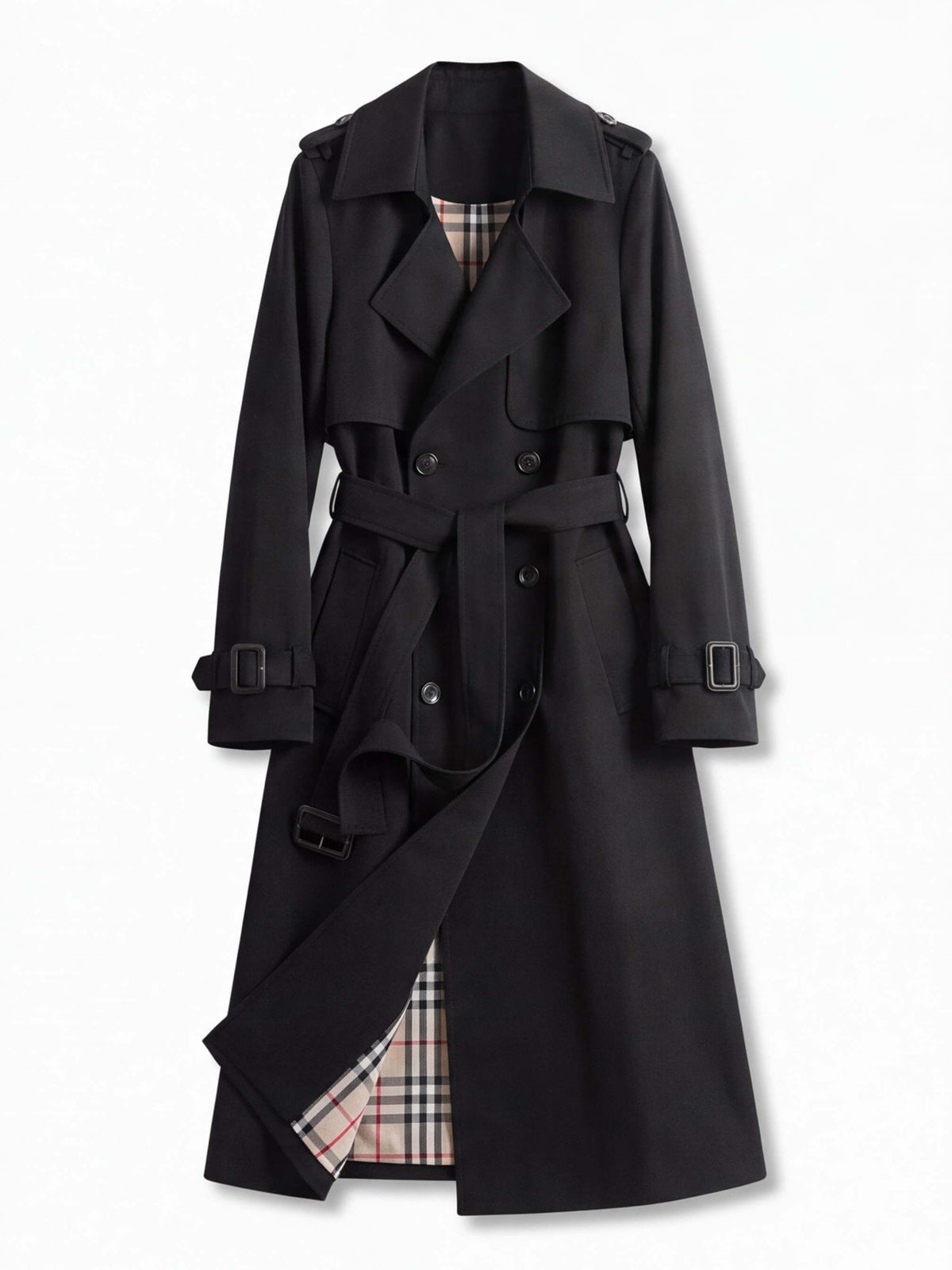 Women’s Belted Double-Breasted Trench Coat with Buckle Cuffs