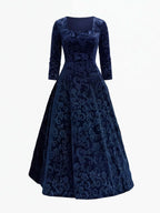 Women’s Embroidered Velvet-Look Square Neck Midi Dress