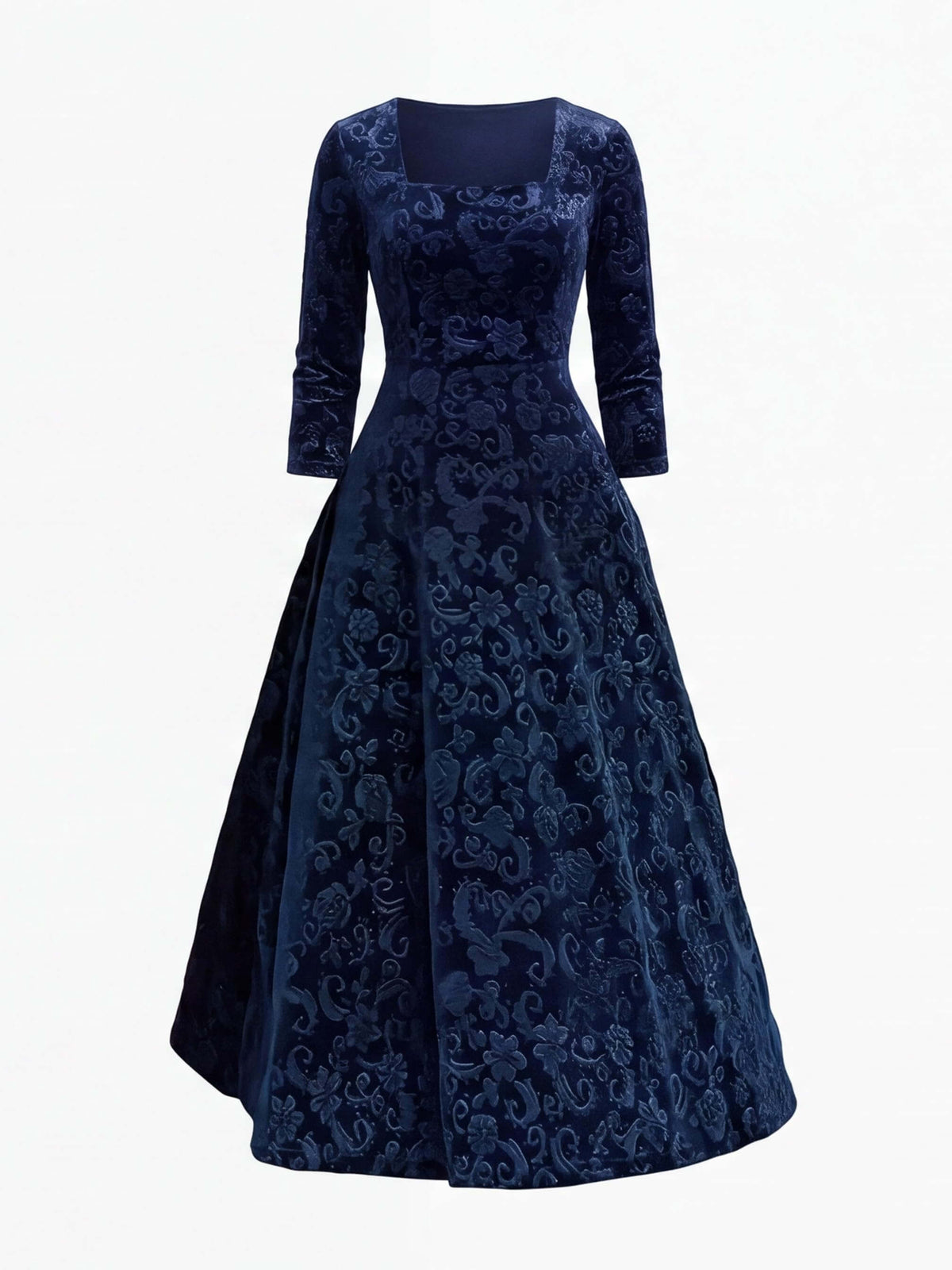 Women’s Embroidered Velvet-Look Square Neck Midi Dress