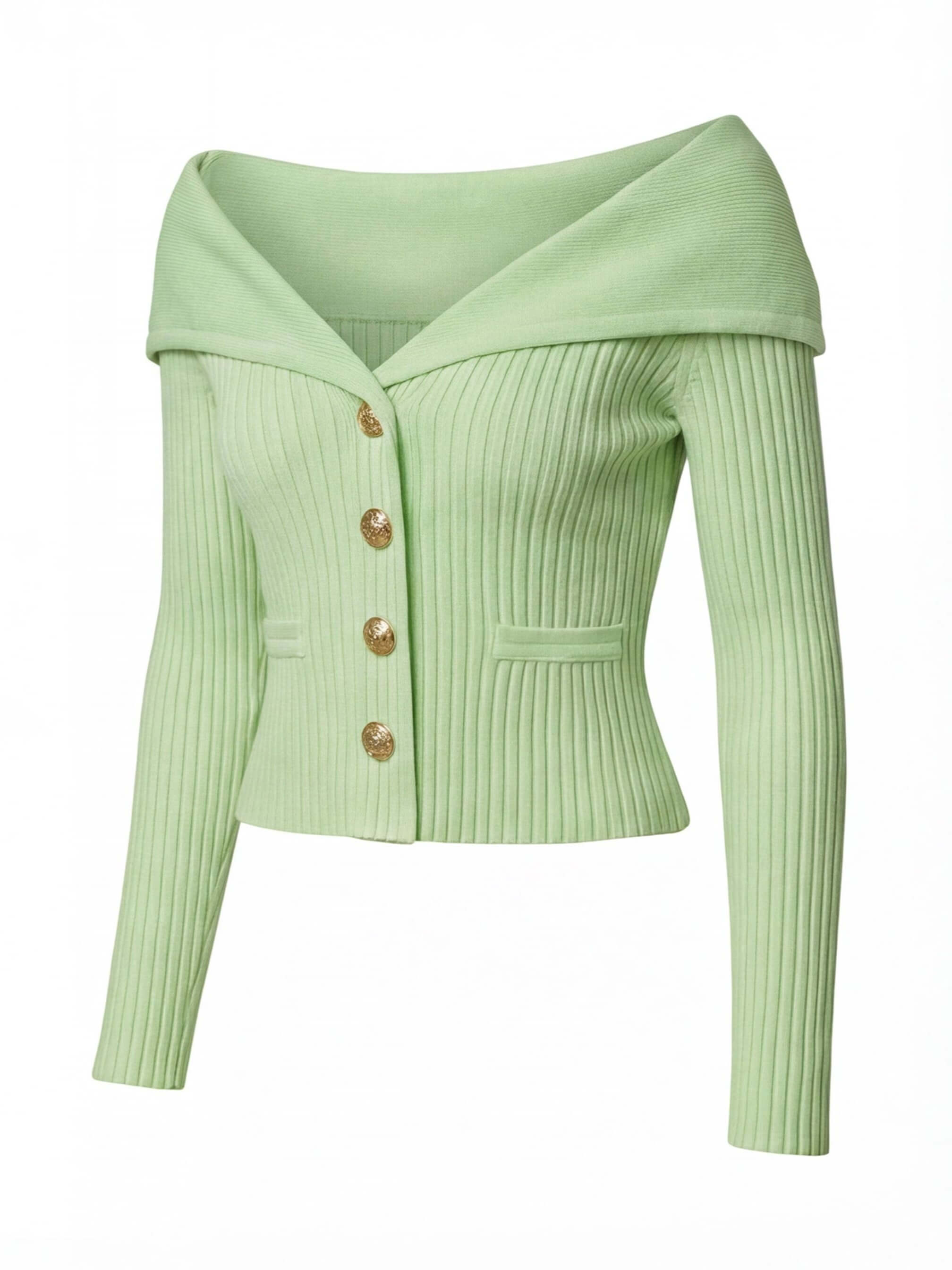 Elegant off-the-shoulder women’s cardigan with gold buttons
