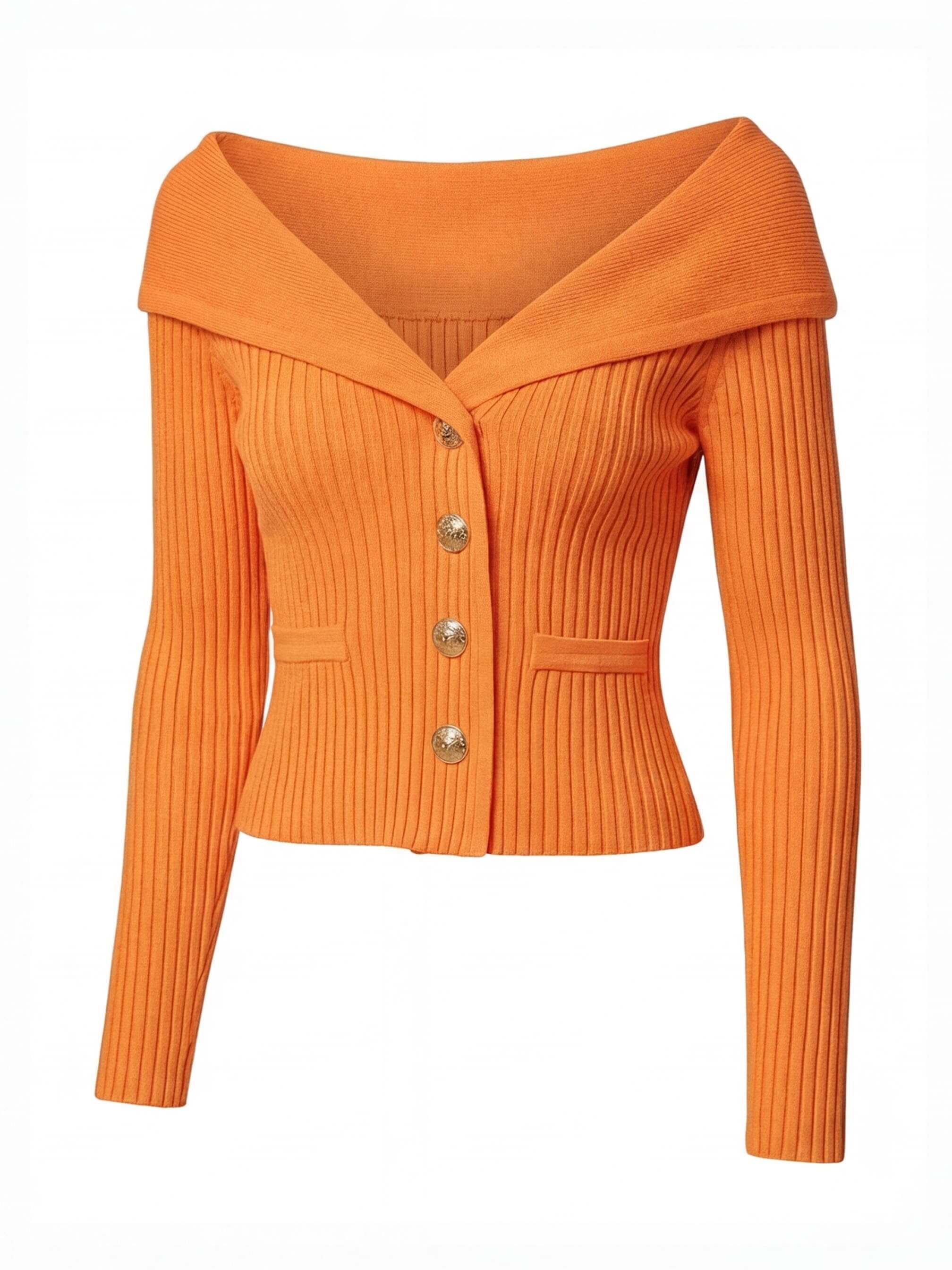 Elegant off-the-shoulder women’s cardigan with gold buttons