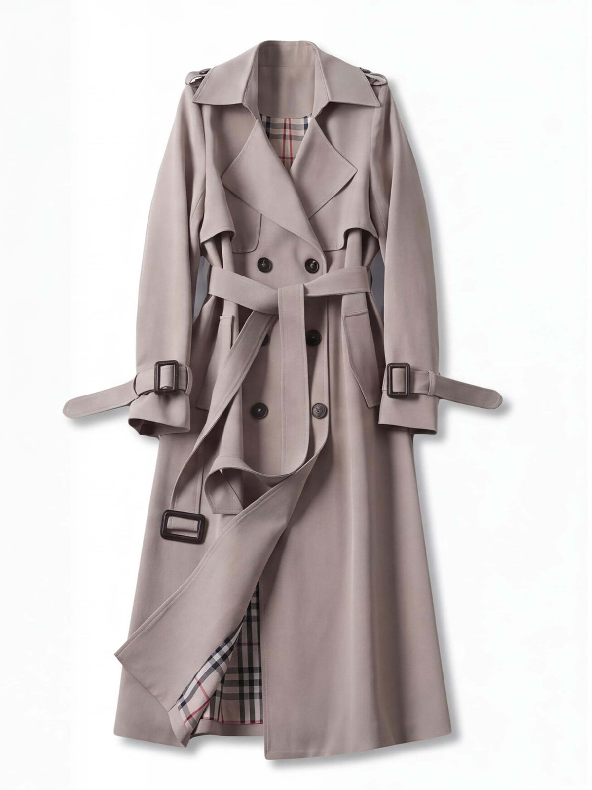 Women’s Belted Double-Breasted Trench Coat with Buckle Cuffs