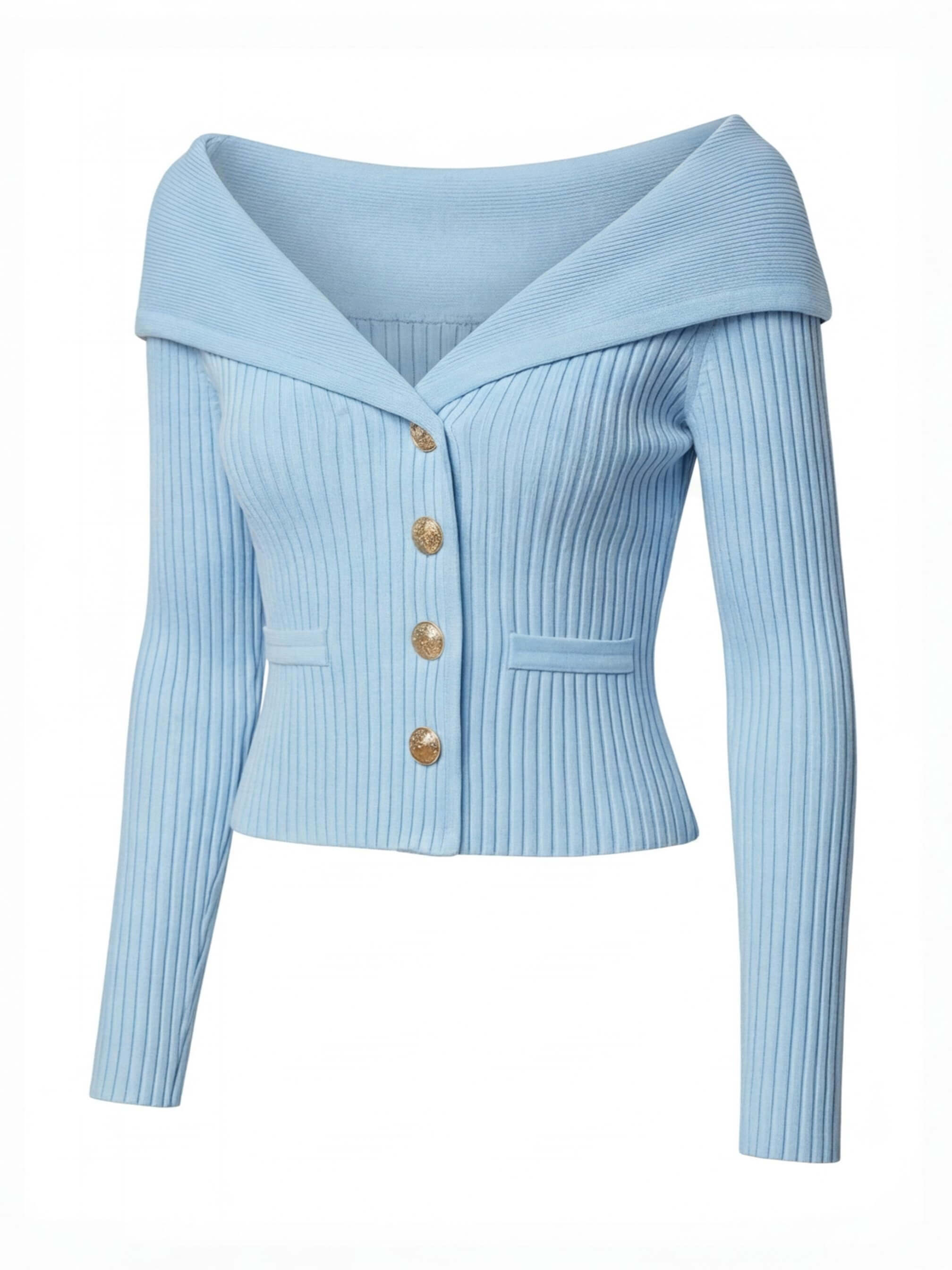 Elegant off-the-shoulder women’s cardigan with gold buttons