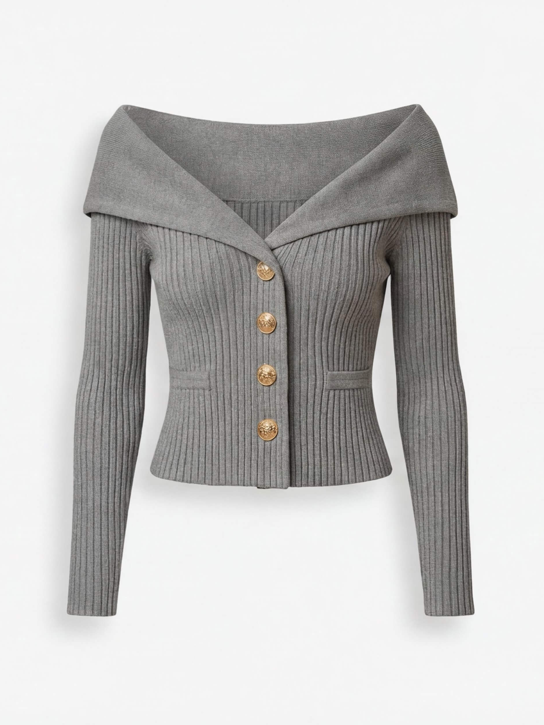 Elegant off-the-shoulder women’s cardigan with gold buttons