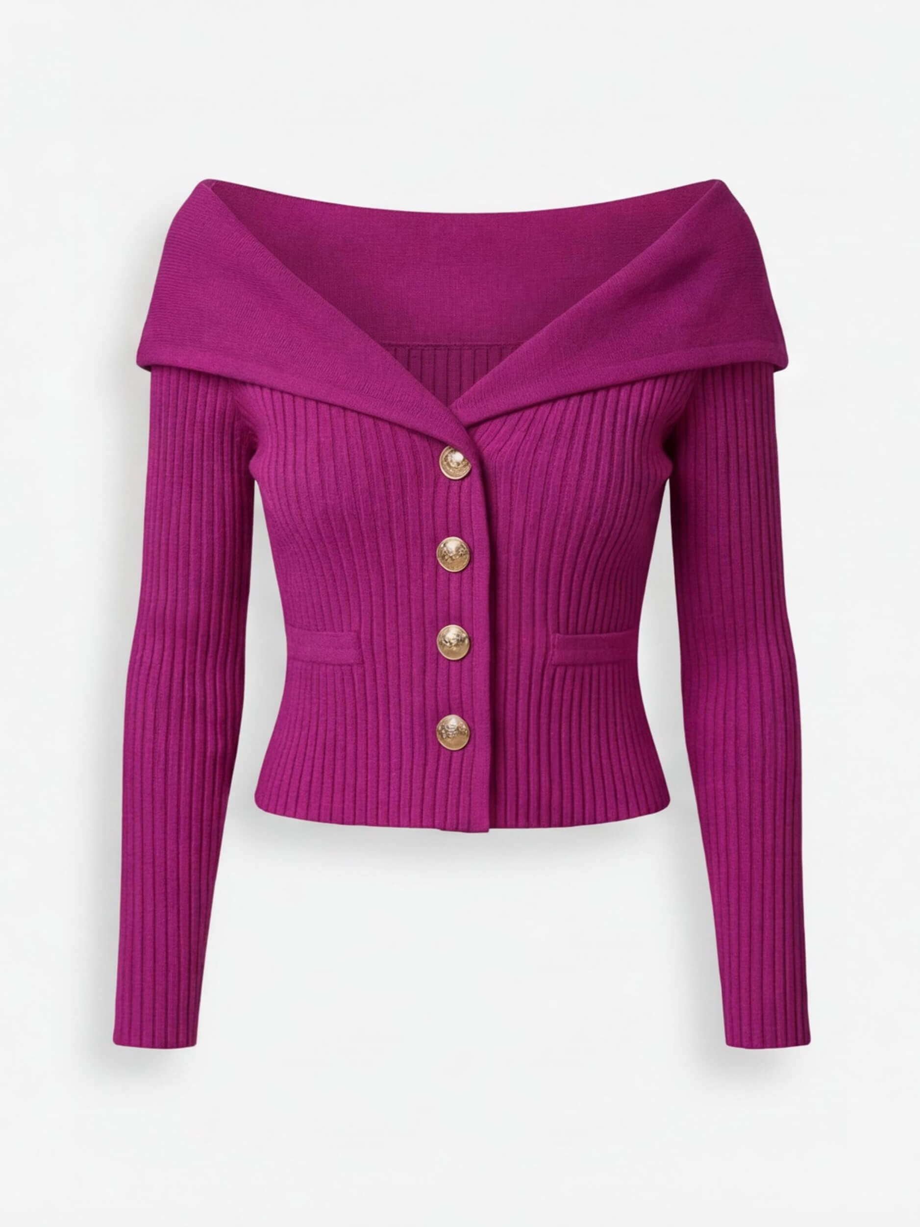 Elegant off-the-shoulder women’s cardigan with gold buttons
