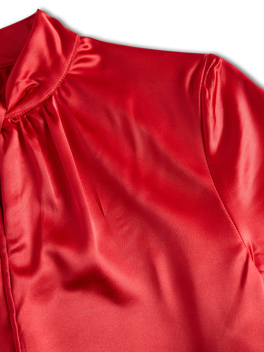 Satin Blouse with Keyhole Neckline and Short Sleeves