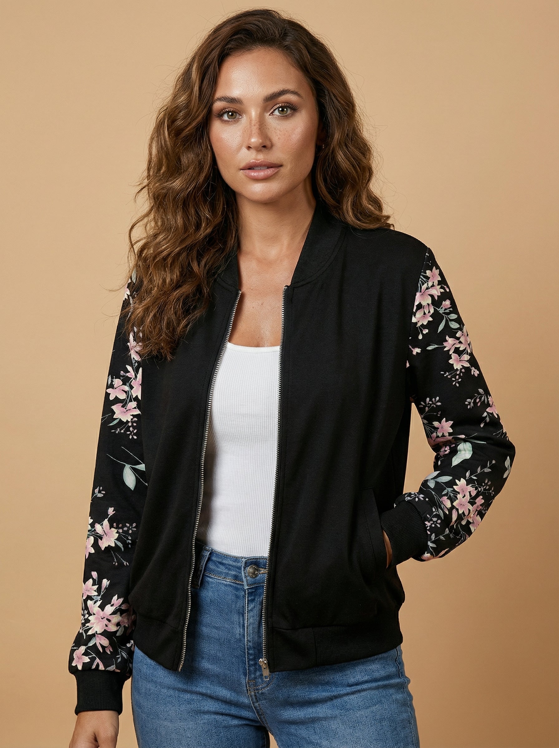 Women’s Floral Zip-Up Jacket – Baseball Collar - Spring/Fall