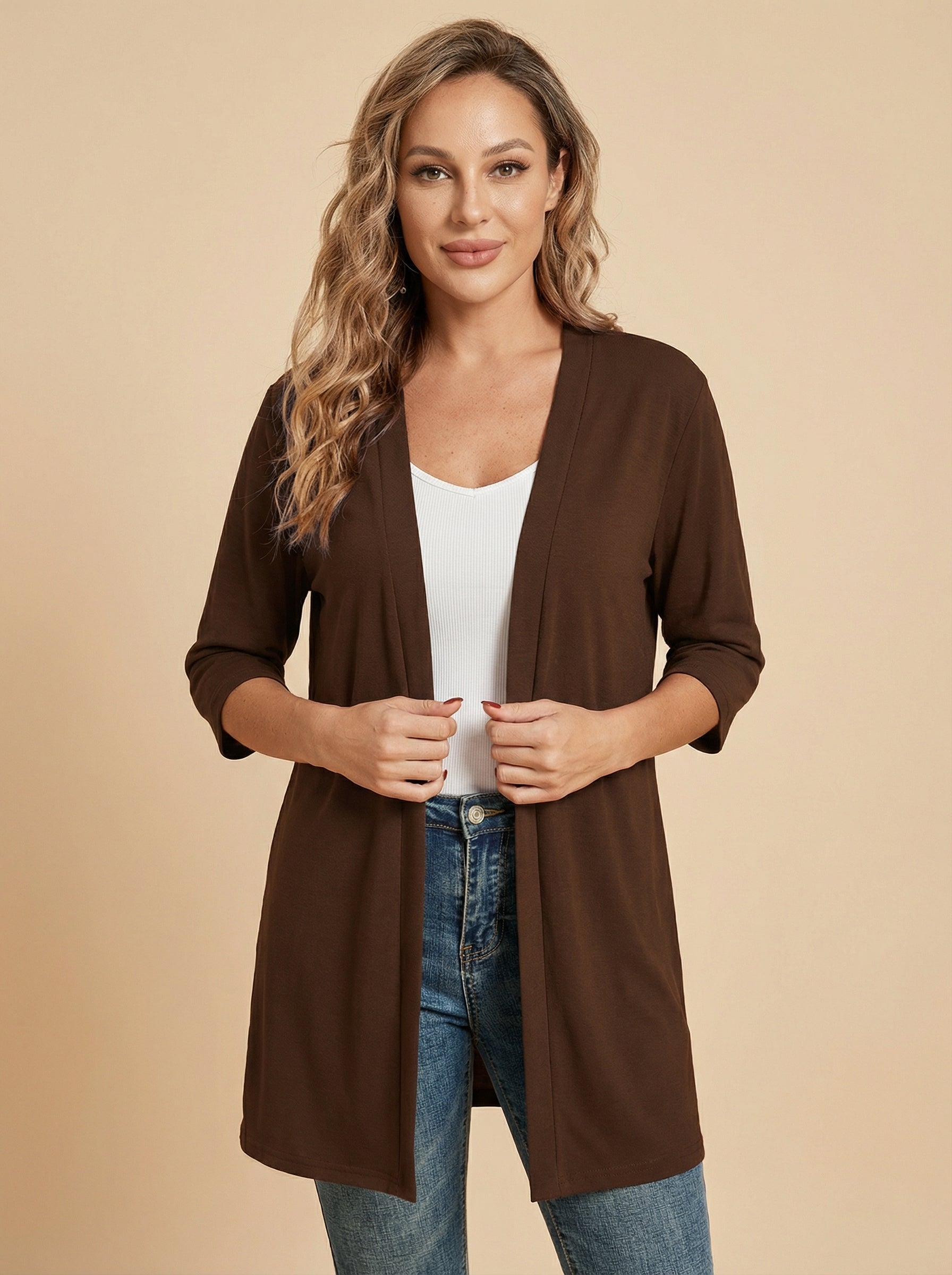Women’s Stretch Knit Cardigan – Three-Quarter Sleeves & Elegant Everyday Comfort