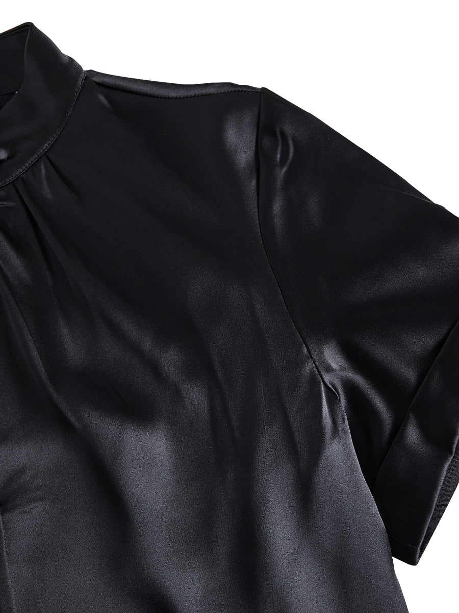 Satin Blouse with Keyhole Neckline and Short Sleeves