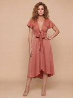 Women’s Dress – Tie-Front Flutter Sleeve Summer Midi Dress