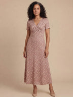 Elegant Women’s Floral V-Neck Dress – Smocked Bodice & High-Stretch Comfort