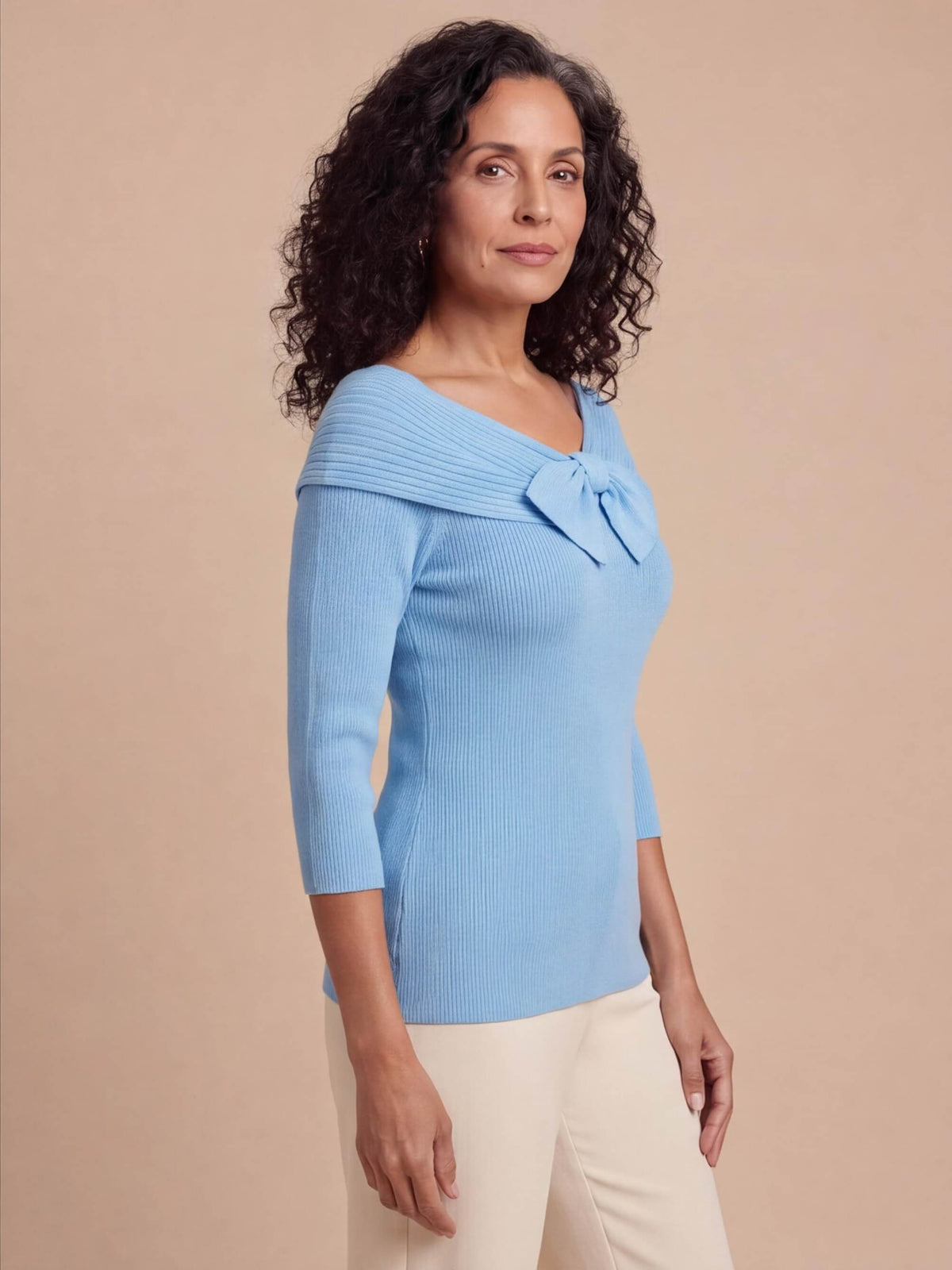 Women’s Ribbed Bow Detail Long-Sleeve Top