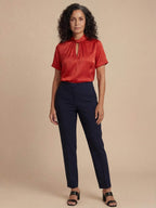 Satin Blouse with Keyhole Neckline and Short Sleeves