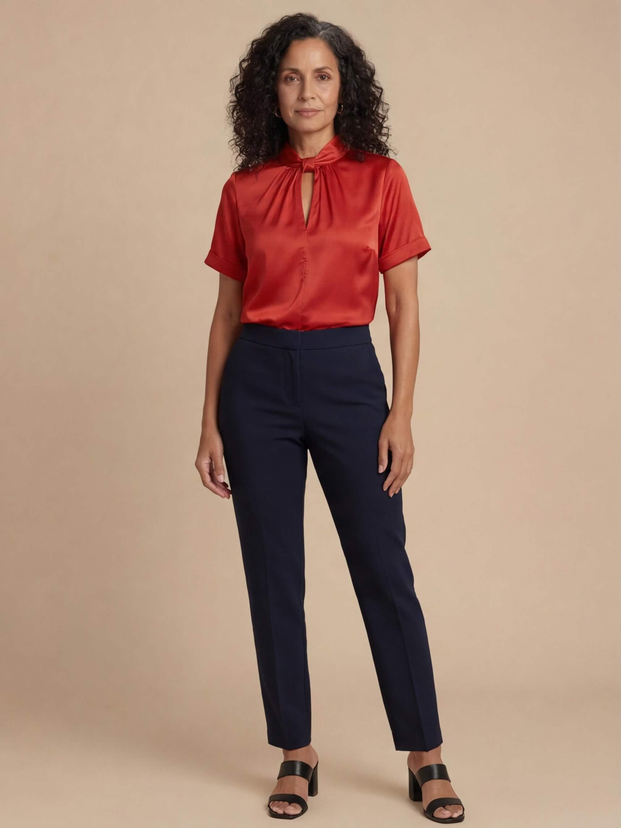 Satin Blouse with Keyhole Neckline and Short Sleeves