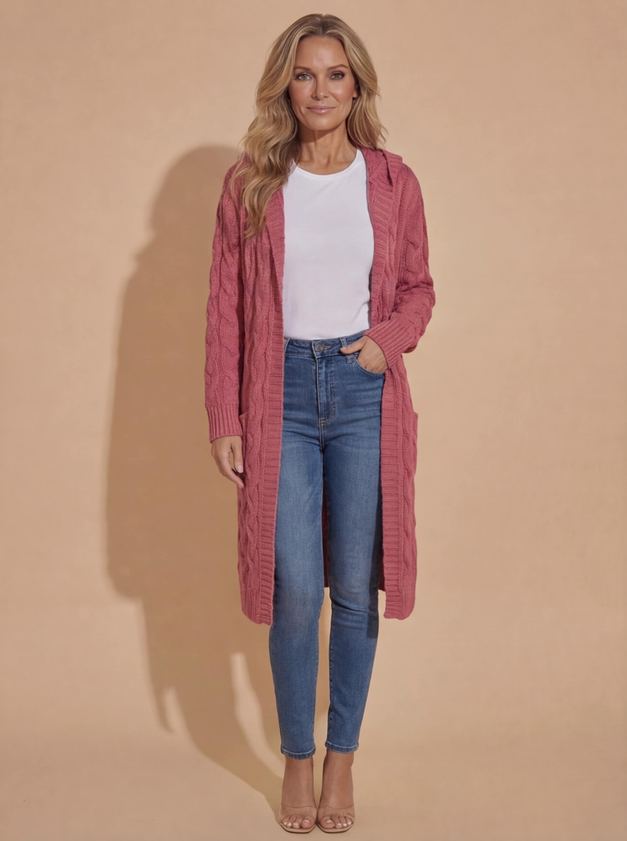 Women’s Hooded Cable Knit Cardigan – Longline Warmth & Pocket Comfort