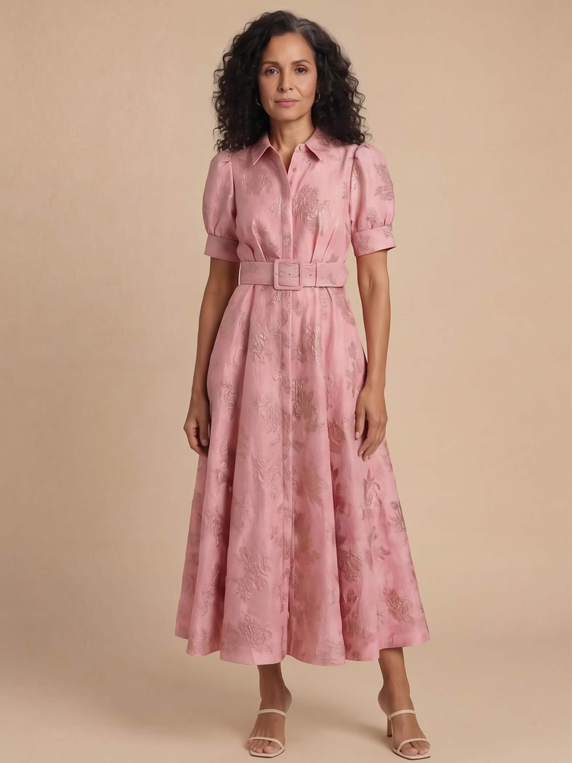 Women’s Belted Puff Sleeve Maxi Shirt Dress