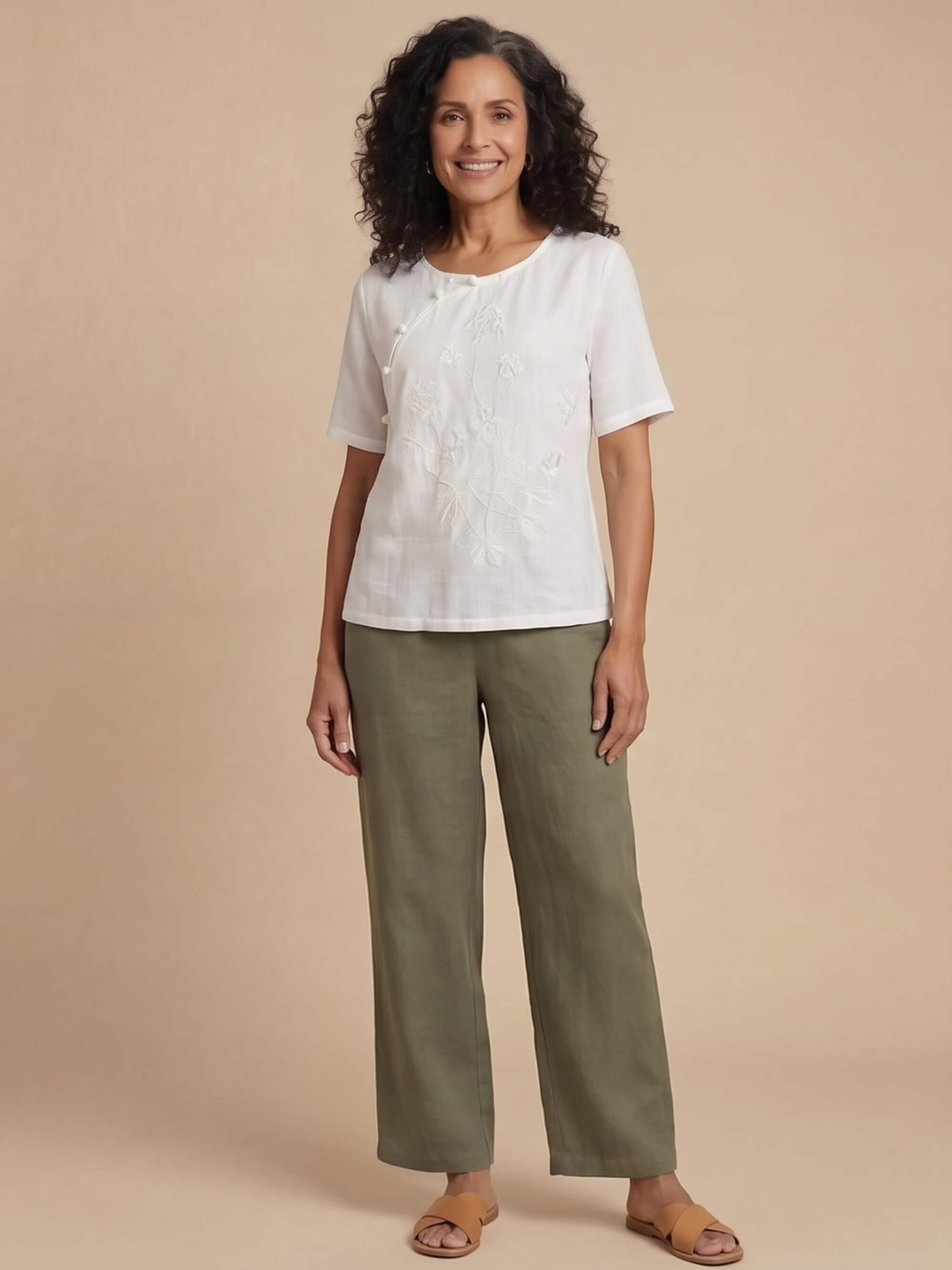 Women’s Embroidered Asymmetric Button Short Sleeve Blouse