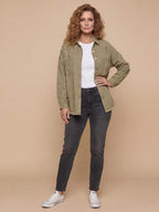 Women’s Washed Denim Overshirt Jacket – Frayed Hem, Chest Pockets &Relaxed Retro Fit