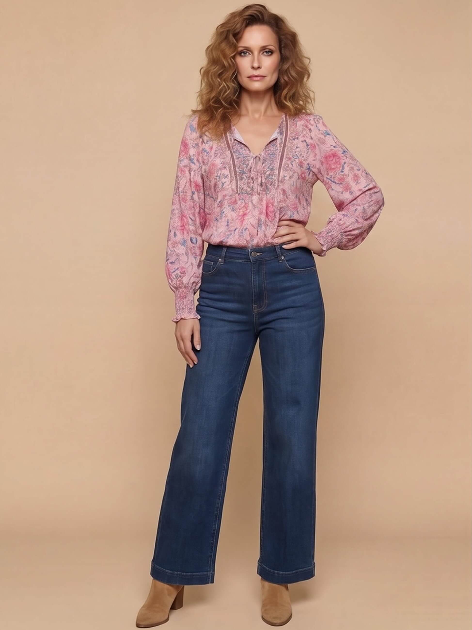Women’s Floral Tie Neck Smocked Sleeve Blouse