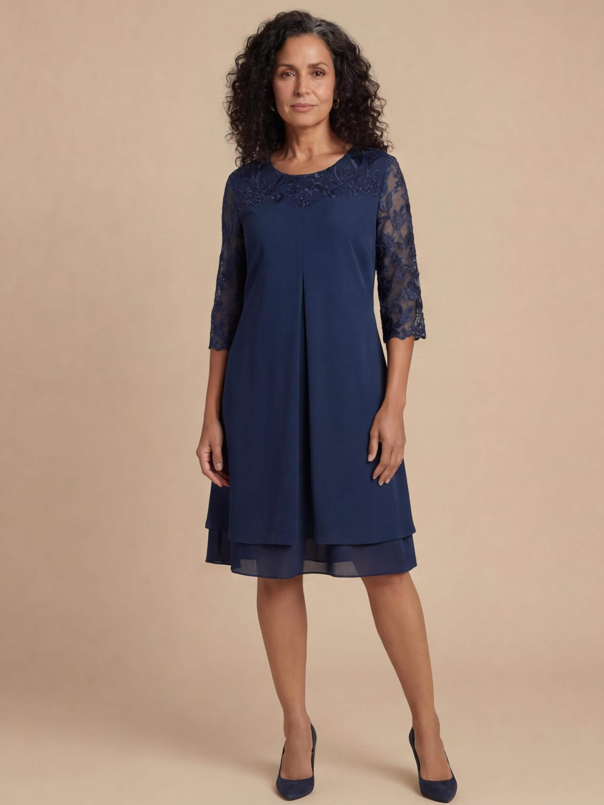 Plus Size Women’s Elegant Chiffon Dress – Embroidered Lace Yoke & Flowing Layered Hem