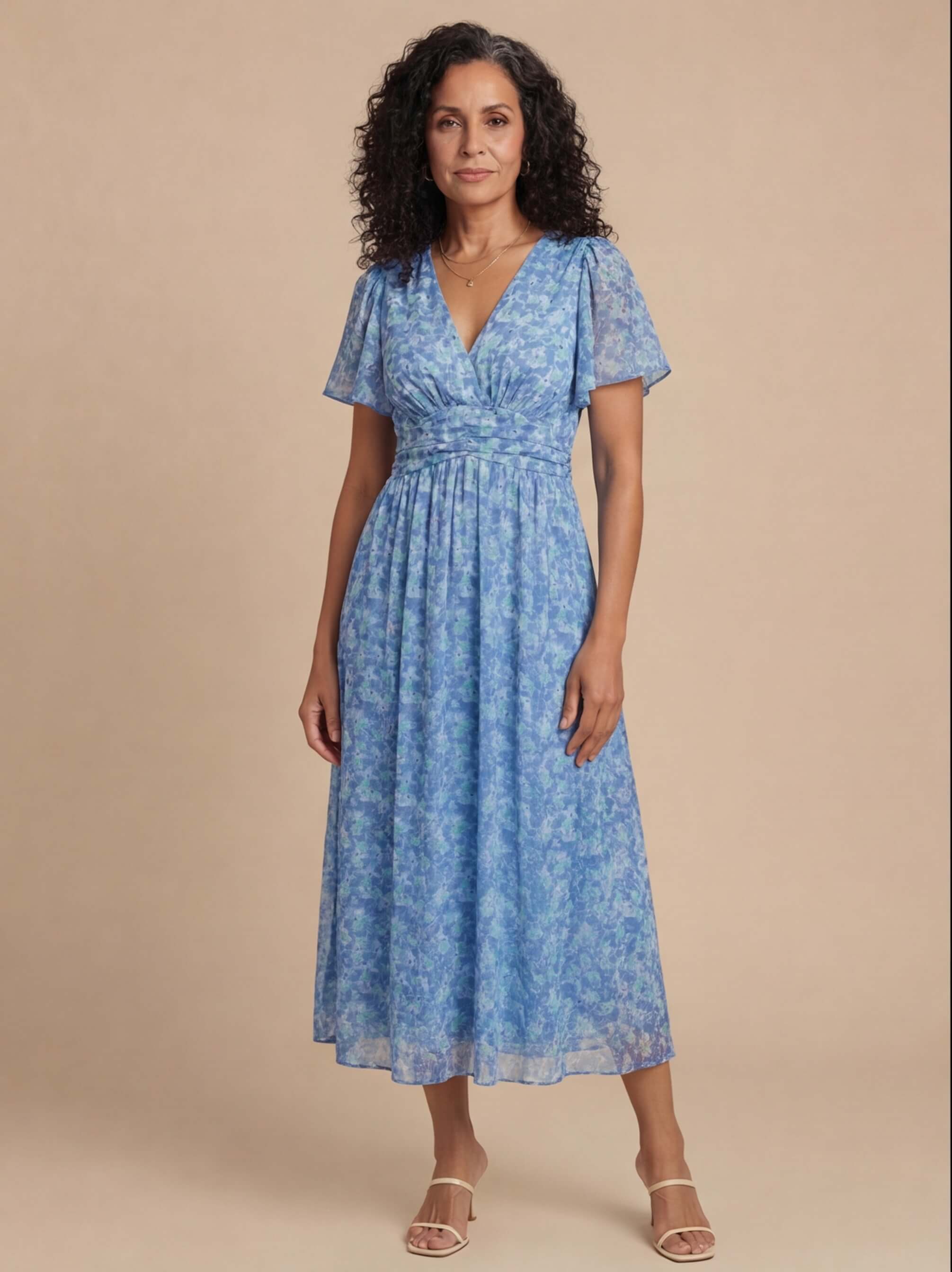 Women’s Dress – Floral V-Neck Short-Sleeve Maxi Dress
