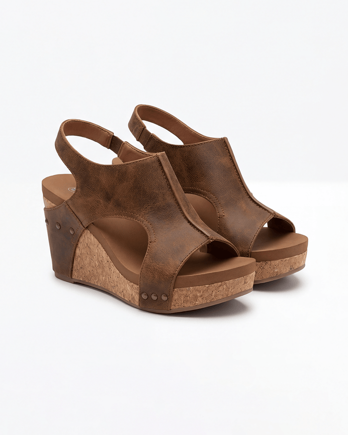 Women’s Wedge Sandals with Slingback Strap- Cork- Look