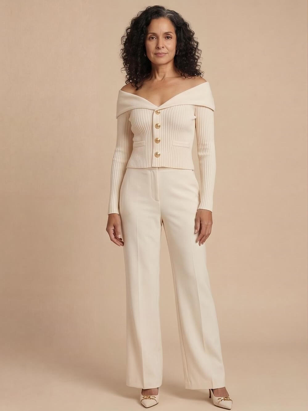Elegant off-the-shoulder women’s cardigan with gold buttons