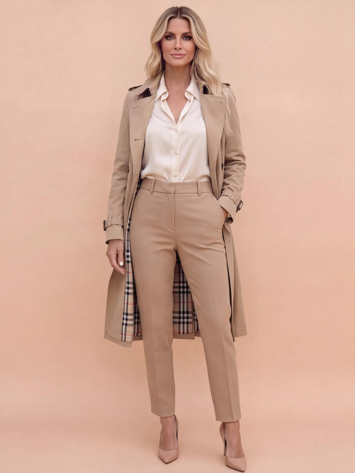 Women’s Belted Double-Breasted Trench Coat with Buckle Cuffs