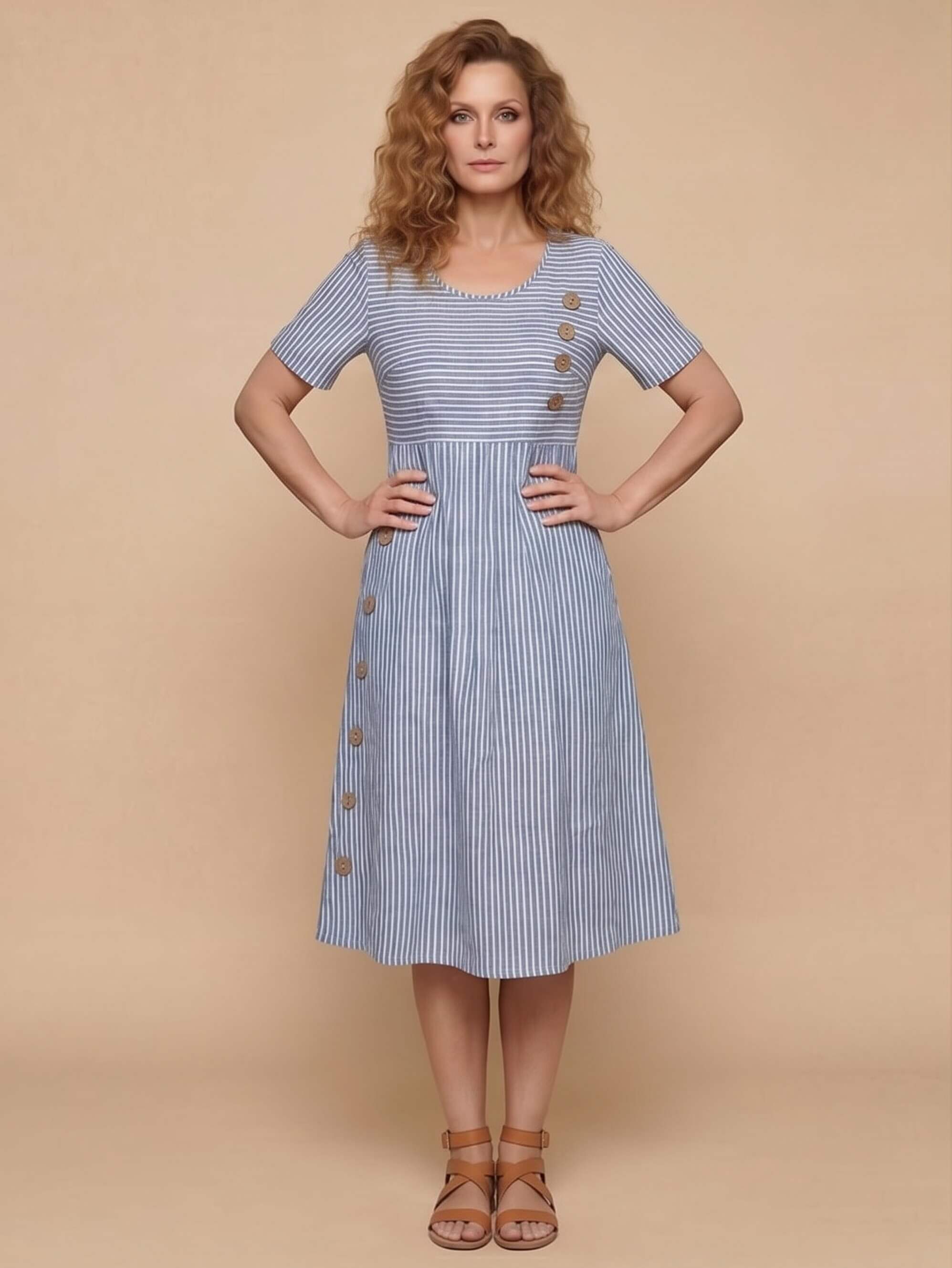 Women’s Striped Midi Dress with Button Detail