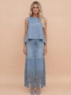 Women’s Denim Two-Piece Set with Asymmetrical Top & Fringed Skirt – Modern Movement & Daytime Style