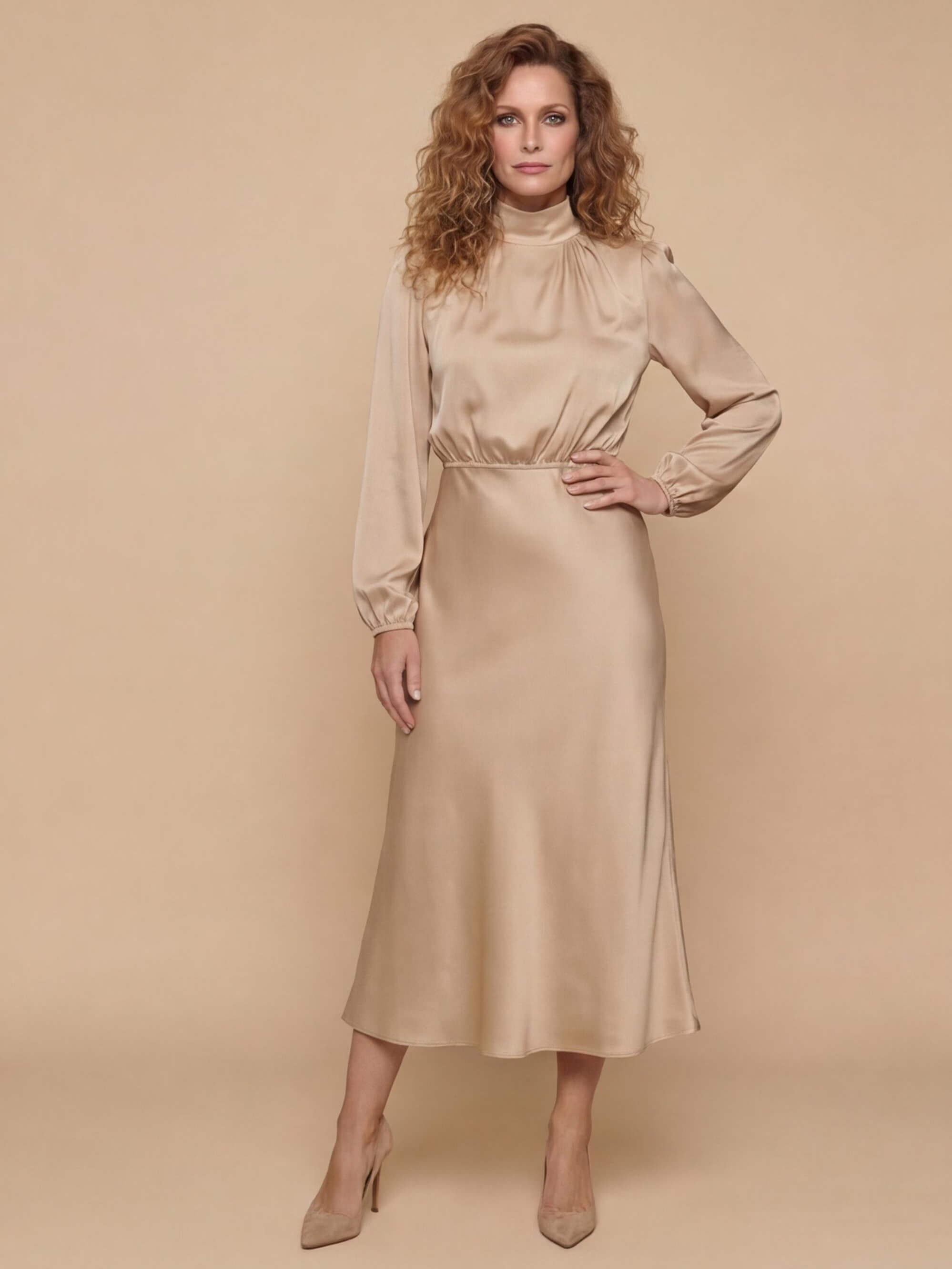 Elegant women’s midi dress with a high neckline and long sleeves