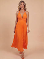 Elegant Halter Neck Pleated Maxi Dress