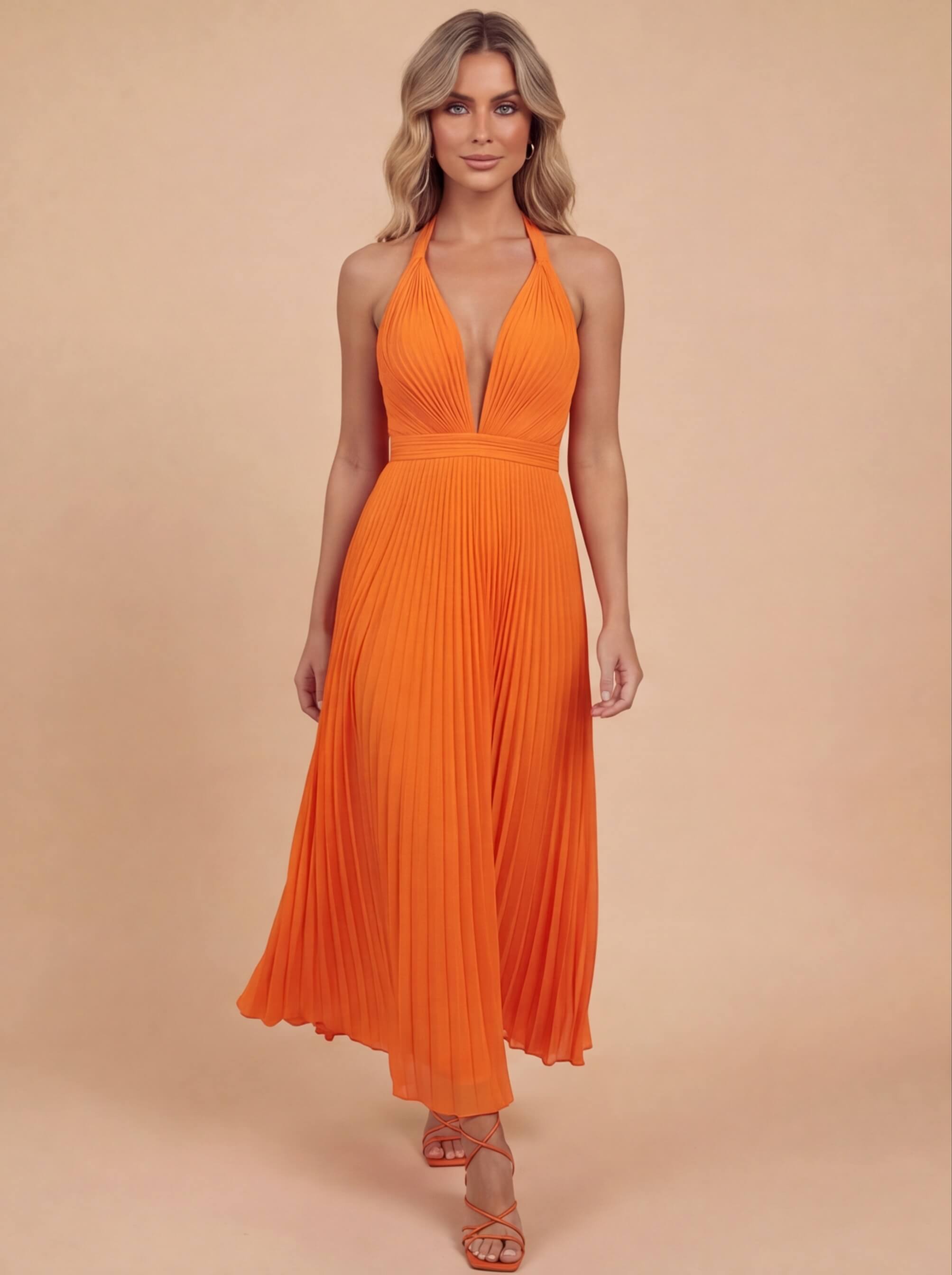 Elegant Halter Neck Pleated Maxi Dress