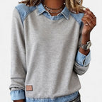 Women’s Denim Collar Detail Long-Sleeve Knit Top