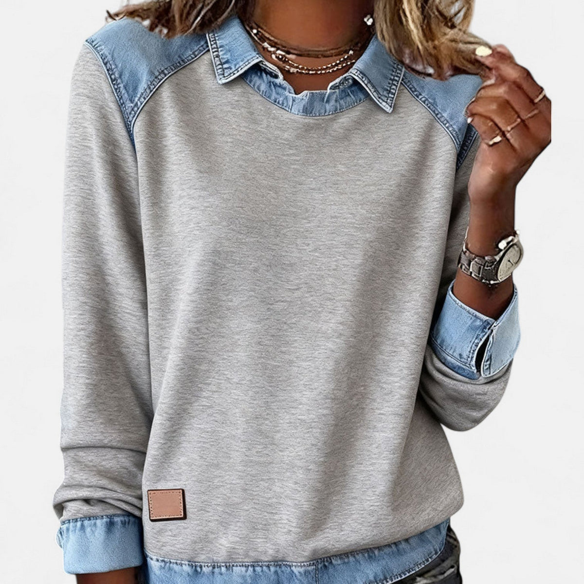 Women’s Denim Collar Detail Long-Sleeve Knit Top