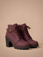 Women’s Mid-Heel Ankle Boots –  Side Zipper & Buckle Detail