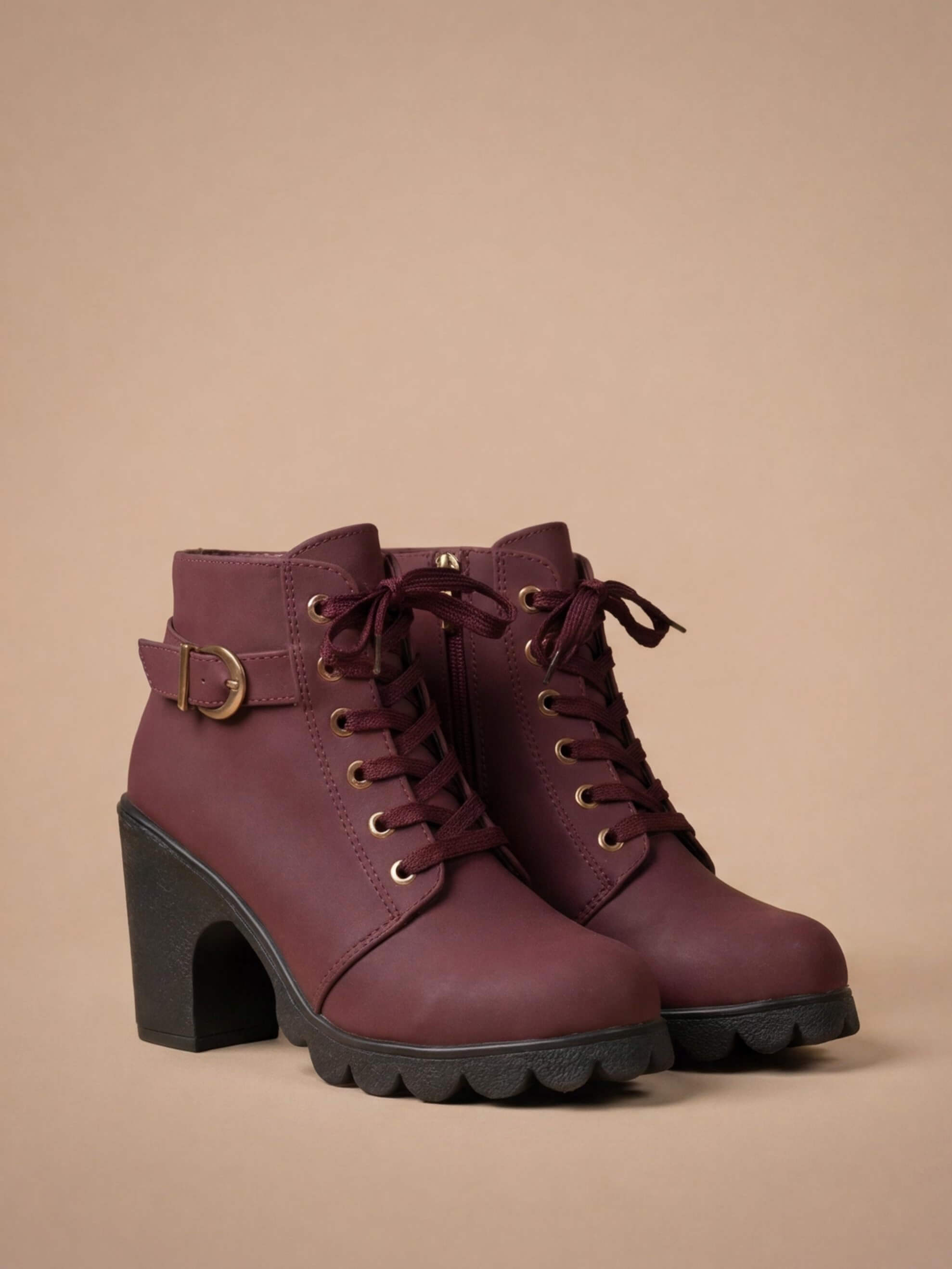 Women’s Mid-Heel Ankle Boots –  Side Zipper & Buckle Detail