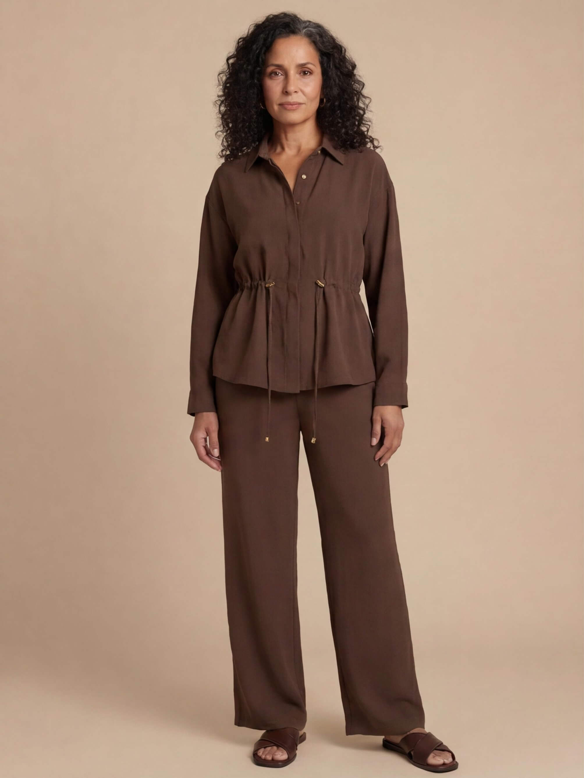 Women’s Drawstring Shirt and Wide-Leg Trouser Set