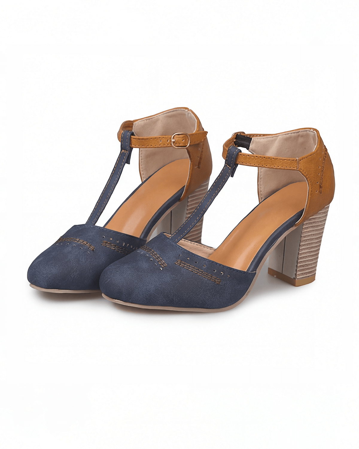 Women’s Two-Tone Block Heel Pumps with T-Strap