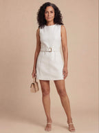 Women’s White Belted Mini Dress – Modern Sculpted Elegance