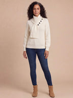 Women’s Ribbed Knit Funnel Neck Button Detail Sweater